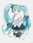  1girl absurdly_long_hair absurdres aqua_eyes aqua_hair aqua_ribbon bare_shoulders black_skirt black_thighhighs detached_sleeves full_body grey_background hair_ornament hand_up hatsune_miku hatsune_miku_(nt) headphones highres legs_up long_hair miniskirt neck_ribbon noneon319 open_mouth piano_print piapro pleated_skirt revision ribbon see-through see-through_sleeves shirt shoulder_tattoo skirt sleeveless sleeveless_shirt solo tattoo thigh-highs twintails very_long_hair vocaloid white_shirt white_sleeves zettai_ryouiki 