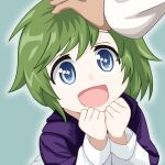  +_+ 1girl 1other atanarix blue_eyes cloak commentary english_commentary fire_emblem fire_emblem:_the_blazing_blade green_hair headpat nino_(fire_emblem) open_mouth purple_cloak short_hair smile solo_focus upper_body 