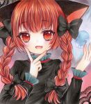 1girl :d animal_ears black_bow black_dress bow braid cat_ears commentary dress fang fingernails flat_chest frills gradient_background grey_background hair_bow hair_ribbon hands_up kaenbyou_rin light_blush long_hair long_sleeves looking_at_viewer marker_(medium) open_mouth red_eyes redhead ribbon simple_background skin_fang smile solo straight-on touhou traditional_media tress_ribbon twin_braids upper_body v_over_mouth yuuki_hana_(jtnp5334) 