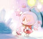  1girl b_spa_gyoreva backpack bad_id bad_pixiv_id bag brittany_(pikmin) crystal eyelashes flower from_side glasses gloves helmet holding_snowball insect_wings leaf looking_ahead pikmin_(series) pink-framed_eyewear pink_bag pink_gloves pink_hair pink_skirt purple_flower radio_antenna shady_eyes short_hair skirt snow snowball space_helmet spacesuit third-party_source tiny whistle winged_pikmin wings winter 