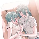  2girls absurdres aqua_eyes aqua_hair arm_around_shoulder arm_grab bang_dream! blush closed_eyes collared_shirt commentary couch dress_shirt highres hikawa_hina hikawa_sayo incest long_hair looking_at_another lying multiple_girls on_couch on_side open_mouth shirt short_hair short_sleeves siblings sidelocks twincest twins white_shirt yuri zihacheol 
