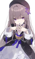  1girl absurdres black_capelet black_choker blush brown_headwear buran_buta capelet choker closed_mouth doll_joints dress flower hair_flower hair_ornament herta_(honkai:_star_rail) highres honkai:_star_rail honkai_(series) joints light_brown_hair long_hair looking_at_viewer purple_flower purple_nails solo violet_eyes white_background white_dress 