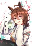  1girl absurdres agnes_tachyon_(umamusume) ahoge animal_ears blush brown_eyes brown_hair buttons flask hair_between_eyes highres horse_ears horse_girl lab_coat mini_person miniboy musical_note open_mouth round-bottom_flask sekino_takehiro shirt signature sleeves_past_fingers sleeves_past_wrists solo trainer_(umamusume) umamusume white_background yellow_shirt 
