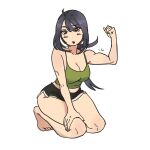  1girl abs black_hair black_shorts dddohlo dolphin_shorts flexing full_body green_tank_top hair_between_eyes hand_on_own_knee highres kneeling long_hair midriff muscular muscular_female open_mouth original ponytail red_eyes seiza shorts sidelocks simple_background sitting solo tank_top tomboy white_background 
