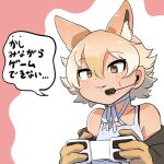 1girl animal_ears black_jacket blonde_hair controller coyote_(kemono_friends) extra_ears game_controller gloves highres jacket kemono_friends kemono_friends_v_project mcgunngu microphone pink_hair shirt short_hair simple_background solo sweat virtual_youtuber white_shirt wolf_ears wolf_girl yellow_eyes 