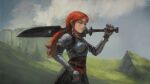  1girl absurdres armor belt black_nails braid breastplate breasts cliff closed_eyes clouds commentary david_revoy english_commentary freckles gauntlets grass highres holding holding_sword holding_weapon krita_(medium) medium_breasts original over_shoulder ponytail redhead side_braid smile solo sword upper_body weapon weapon_over_shoulder 