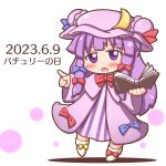 1girl blue_ribbon blush book bow bowtie chibi commentary_request crescent crescent_hat_ornament dated dress dress_bow footwear_bow grouse01 hair_bow hat hat_ornament hat_ribbon holding holding_book long_hair looking_at_viewer mob_cap open_book open_mouth partial_commentary patchouli_knowledge pointing purple_hair red_bow red_bowtie red_ribbon ribbon robe shadow simple_background solo striped striped_dress touhou translated violet_eyes watermark white_background wide_sleeves yellow_bow 