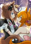  2girls animal_ears bare_shoulders black_jacket blooming_maiden&#039;s_june_pride_(umamusume) blue_eyes blurry bokeh breasts brown_hair choker closed_mouth collared_shirt commission corsage cross_tie depth_of_field dress emapippi eye_contact flat_chest flower hair_bun hair_flower hair_ornament half_updo highres holding_hands horse_ears horse_girl horse_tail jacket looking_at_another mayano_top_gun_(sunlight_bouquet)_(umamusume) mayano_top_gun_(umamusume) multicolored_hair multiple_girls open_mouth orange_hair shirt short_hair shoulder_blades skeb_commission small_breasts smile strapless strapless_dress streaked_hair tail tokai_teio_(umamusume) tokai_teio_(waltz_of_hiwing)_(umamusume) umamusume upper_body vest wherefore_i_adore_you_(umamusume) white_shirt white_vest yellow_eyes yuri 