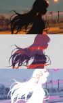 1girl absurdres akemi_homura cha_xinzi fence flower from_side hair_ribbon hairband highres lamppost long_hair mahou_shoujo_madoka_magica outdoors photo_background red_hairband red_ribbon ribbon road silhouette street tree white_background