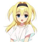  1girl :d black_hairband blonde_hair blue_eyes blush chitose_sana collarbone colored_eyelashes commentary_request hair_intakes hairband happy long_hair looking_at_viewer muririn open_mouth shirt short_sleeves simple_background smile solo straight-on tenshinranman two_side_up upper_body white_background white_shirt 