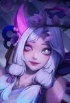  1girl alternate_costume bare_shoulders closed_mouth flower green_eyes gwen_(league_of_legends) hair_ribbon heterochromia highres horns league_of_legends long_hair multicolored_background petals pink_eyes pink_horns pink_ribbon ribbon shoulder_tattoo single_horn smile solo spirit_blossom_(league_of_legends) symbol_in_eye tattoo upper_body zeze_dubu 