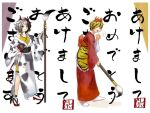  2girls animal_print black_hair blonde_hair cow_print curtains japanese_clothes kimono looking_at_viewer looking_to_the_side medium_hair multiple_girls one_eye_closed paintbrush pointing pointing_down pointing_up shee_take smile solo speech_bubble tiger_print touhou white_background white_hair 