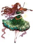  1girl black_footwear bow_(music) breasts brown_eyes brown_hair chain_paradox dress flower full_body green_dress hair_flower hair_ornament highres holding_bow_(music) instrument jm_pbw long_hair music nanamori_minoru open_mouth playing_instrument small_breasts solo standing transparent_background violin 