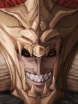  armor black_sclera close-up colored_sclera commentary elden_ring english_commentary fake_horns fake_teeth gold_armor grin highres horns long_hair looking_at_viewer ornate_armor redhead satsu-strive sharp_teeth smile spiked_helmet starscourge_radahn teeth yellow_eyes 