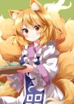  1girl animal_ears blonde_hair blush closed_mouth dress fox_ears fox_tail frilled_sleeves frills highres holding holding_tray long_sleeves looking_at_viewer multiple_tails ruu_(tksymkw) short_hair smile solo tabard tail touhou tray white_dress wide_sleeves yakumo_ran yellow_eyes 