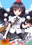  1girl bird_wings black_hair black_skirt black_wings blush book buttons collared_shirt cowboy_shot feathered_wings frilled_skirt frills hair_between_eyes hand_fan hat hauchiwa highres holding holding_book holding_fan looking_at_viewer open_mouth pom_pom_(clothes) puffy_short_sleeves puffy_sleeves red_eyes red_headwear ruu_(tksymkw) shameimaru_aya shirt short_hair short_sleeves skirt smile solo tokin_hat touhou white_shirt wings 