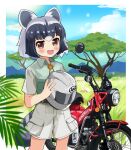  1girl alternate_costume animal_ears blush brown_eyes collared_shirt common_raccoon_(kemono_friends) cowboy_shot fang green_jacket grey_hair grey_jacket grey_shorts helmet highres jacket japari_symbol kemono_friends motor_vehicle motorcycle motorcycle_helmet multicolored_clothes multicolored_hair multicolored_jacket open_mouth raccoon_ears raccoon_girl raccoon_tail safari_jacket shirt short_hair short_sleeves shorts smile solo tail two-tone_hair two-tone_jacket uniform wakamizu 