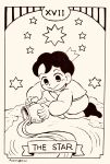  1boy :&gt; blush bojji child closed_mouth commentary_request crown english_text full_body hanzou_5555 highres holding kneeling male_child male_focus monochrome ousama_ranking pouring short_hair signature simple_background smile solo star_(symbol) tarot the_star_(tarot) 