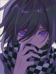  1boy black_hair black_scarf checkered_clothes checkered_scarf covered_mouth danganronpa_(series) danganronpa_v3:_killing_harmony hair_between_eyes hand_up highres looking_at_viewer male_focus oma_kokichi portrait scarf solo urami0310 violet_eyes white_background white_scarf 