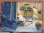  apple brick broccoli chain concrete cooking_pot food fruit highres napkin no_humans original painting_(medium) red_apple shee_take still_life traditional_media vegetable 