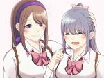  2girls ^_^ arm_at_side arm_up assault_lily blush bow bowtie braid breasts brown_hair closed_eyes closed_mouth collared_shirt commentary french_braid fukuyama_jeanne_sachie grey_hair hair_bow hair_ribbon hairband half_updo hand_on_another&#039;s_head hand_up highres kishimoto_maria_mirai long_sleeves looking_at_another ludvico_private_girls&#039;_academy_school_uniform medium_breasts mimura_(eh_mi0) mole mole_under_mouth multiple_girls open_mouth pink_background pink_bow pink_bowtie purple_hairband purple_ribbon ribbon school_uniform shirt side-by-side sidelocks simple_background smile suspenders swept_bangs upper_body violet_eyes white_shirt 