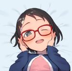  1girl black_eyes black_hair blush buta_tsuzumi cardigan glasses hair_ornament hairclip highres idolmaster idolmaster_cinderella_girls lying on_back on_bed one_eye_closed parted_bangs red-framed_eyewear sasaki_chie short_hair 