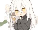  1010_neg 1girl black_sweater blush eating food food_on_face hair_between_eyes holding holding_food long_hair open_mouth original simple_background solo sweater translation_request turtleneck turtleneck_sweater upper_body white_background white_hair yellow_eyes 