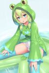  1girl animal_hood blue_eyes blue_thighhighs coat frog_hood frog_raincoat gleam green_coat green_hair hair_ornament hands_on_own_thighs highres hood hood_up kaeru_(sasaame) lily_pad looking_at_viewer medium_hair one-piece_swimsuit open_mouth original rain raincoat sasaame shiny_clothes simple_background sitting solo spread_legs swimsuit thigh-highs twintails water water_drop wet wet_clothes white_one-piece_swimsuit wide_sleeves 