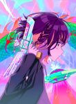  1girl arrow_through_heart black_hair black_shirt braid brown_eyes closed_mouth collared_shirt dragon electricity expressionless gun handgun heart highres holding holding_gun holding_weapon long_sleeves multicolored_background multicolored_hair myon_(tokipi) nira-chan orange_hair profile scales shirt short_hair side_braid single_braid solo sparkle two-tone_hair ufo upper_body weapon zutto_mayonaka_de_ii_no_ni 