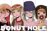  4girls alternate_hair_color animal_hood aqua_hair bead_necklace beads blonde_hair blue_eyes closed_mouth covering_own_ears donut_hole_(vocaloid) doughnut facial_mark food goggles goggles_on_head green_hair gumi hair_ornament hairclip hat hatsune_miku holding holding_food hood jacket jewelry kagamine_rin long_hair looking_at_viewer megurine_luka multiple_girls necklace piano_(agneschen) print_shirt redhead shirt short_hair simple_background song_name twintails vocaloid yellow_eyes 