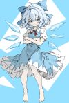 1girl barefoot blue_bow blue_dress blue_eyes blue_hair bow cirno closed_mouth detached_wings dress fairy full_body hair_between_eyes hair_bow highres ice ice_wings looking_at_viewer pi_t_w_o puffy_short_sleeves puffy_sleeves shirt short_hair short_sleeves solo touhou white_shirt wings 