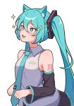  +_+ 1girl :d animal_ears bare_shoulders black_skirt blue_eyes blue_hair blue_necktie breasts character_name clenched_hands collared_shirt detached_sleeves grey_shirt hair_between_eyes hatsune_miku highres kemonomimi_mode kumada_gaon long_hair looking_to_the_side miniskirt necktie number_tattoo shirt shoulder_tattoo skirt small_breasts smile solo sparkle tattoo twintails very_long_hair vocaloid wide_sleeves 
