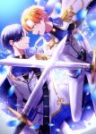 2boys aiguillette aoyagi_touya ascot black_gloves blonde_hair blue_hair brooch buttons collared_shirt commentary cosplay cowboy_shot dark_blue_hair epaulettes gloves green_eyes grey_eyes highres holding holding_sword holding_weapon jewelry kaitou_shinshi_no_harahara!?_white_day_(project_sekai) looking_at_another male_focus multicolored_hair multiple_boys official_alternate_costume official_alternate_hairstyle open_mouth orange_hair outdoors project_sekai shinonome_akito shinonome_akito_(cosplay) shirt single_epaulette streaked_hair sword symbol-only_commentary teeth teneko02 upper_teeth_only weapon 