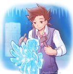  1boy brown_eyes brown_hair colette_brunel frayed-symphony highres holding ice_sculpture lloyd_irving male_focus necktie pink_necktie smile spiky_hair tales_of_(series) tales_of_symphonia 