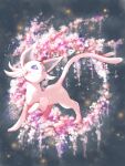  :3 animal_focus cherry_blossoms creature espeon flower forehead_jewel forked_tail grey_background highres no_humans pink_flower pink_fur pokemon pokemon_(creature) solo tabi_bito tail violet_eyes 