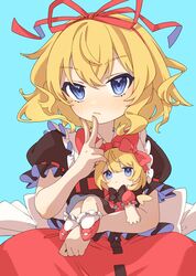  2girls absurdres black_shirt blonde_hair blue_background blue_eyes blush closed_mouth e_sdss fingernails frilled_sleeves frills hair_between_eyes hair_ribbon highres looking_at_viewer medicine_melancholy multiple_girls red_ribbon red_skirt ribbon shirt short_hair short_sleeves simple_background skirt su-san touhou upper_body 