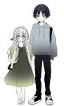  1boy 1girl alternate_costume alternate_hairstyle black_footwear black_hair black_pants blush closed_mouth dress full_body genshin_impact green_eyes green_hair grey_hair grey_hoodie hair_between_eyes hair_down highres hirarinoie hood hoodie long_hair long_sleeves nahida_(genshin_impact) pants parted_lips pointy_ears sandals scaramouche_(genshin_impact) see-through shoes simple_background sketch sneakers standing white_background white_footwear 