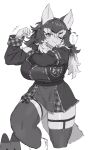  1girl :&gt; animal_ears big_hair dire_wolf_(kemono_friends) flexing garter_straps hair_ribbon highres jacket japari_symbol kakanashi1 kemono_friends lucky_beast_(kemono_friends) monochrome one_eye_closed ribbon speech_bubble tail thigh-highs wolf_ears wolf_girl wolf_tail 