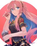  1girl absurdres black_shirt bubble_tea colored_inner_hair food highres holding holding_food light_blush long_hair looking_at_viewer megurine_luka mihoranran multicolored_hair nail_polish pink_hair pink_nails shirt simple_background solo sweets upper_body vocaloid 