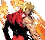  1boy bare_shoulders belt black_belt blonde_hair closed_mouth cofffee dougi fire from_behind gloves ken_masters light_particles looking_down looking_to_the_side male_focus messy_hair muscular muscular_male pants profile red_gloves red_pants red_shirt shirt short_hair solo street_fighter torn_clothes torn_sleeves upper_body white_background 