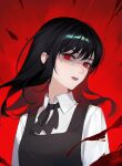  1girl absurdres black_dress black_hair black_ribbon blood chainsaw_man collared_shirt commentary_request cross_scar dbr_(dbruuu9) dress fourth_east_high_school_uniform highres lips long_hair long_sleeves looking_at_viewer neck_ribbon parted_lips pinafore_dress pink_lips red_background red_eyes ribbon ringed_eyes scar scar_on_face school_uniform shirt simple_background sleeveless sleeveless_dress solo uniform white_shirt yoru_(chainsaw_man) 