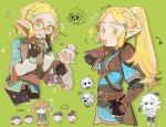  1girl alternate_hairstyle blonde_hair blush braid cosplay costume_switch fingerless_gloves gloves green_eyes highres link long_hair official_alternate_costume open_mouth paozi_haox parted_bangs pointy_ears princess_zelda short_hair sidelocks smile solo the_legend_of_zelda the_legend_of_zelda:_tears_of_the_kingdom 