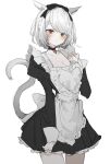  1girl animal_ears black_bow black_choker blush bow breasts cat_tail choker closed_mouth final_fantasy final_fantasy_xiv heterochromia highres inu_nu maid medium_breasts miniskirt short_hair simple_background skirt tail warrior_of_light_(ff14) white_background 