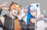  2boys alternate_costume animal_ear_headphones animal_ears animal_hood aoyagi_touya black_collar black_shirt blue_hair clenched_hands collar commentary_request dark_blue_hair drawstring earphones english_text fake_animal_ears grey_background grey_eyes hair_between_eyes headphones highres holding holding_earphones hood hood_down hood_up hoodie jacket long_sleeves looking_at_viewer male_focus multicolored_hair multiple_boys open_clothes open_jacket open_mouth orange_hair paw_pose paw_print project_sekai shinonome_akito shirt short_hair split-color_hair teeth two-tone_hair upper_body upper_teeth_only yk62 