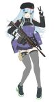 1girl :d absurdres arm_up assault_rifle beret black_footwear black_gloves black_headwear black_skirt blue_hair breasts cheogtanbyeong commentary_request facial_mark full_body girls_frontline gloves green_eyes grey_thighhighs gun h&amp;k_hk416 hair_ornament hat highres hk416_(girls&#039;_frontline) holding holding_gun holding_weapon jacket korean_commentary long_hair long_sleeves looking_at_viewer medium_breasts name_connection object_namesake pleated_skirt purple_jacket rifle shoes simple_background skirt smile solo thigh-highs v very_long_hair weapon white_background 