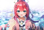  1girl :d black_bow black_neckerchief blue_eyes blurry blurry_background blush bokeh bow collarbone depth_of_field dot_nose fang hair_between_eyes hair_bow halo holding_hands hood hooded_jacket jacket kamiyama_shiki long_hair looking_at_viewer low-tied_long_hair neckerchief open_clothes open_jacket pink_jacket raised_eyebrows redhead sailor_collar school_uniform serafuku shirt sidelocks smile solo sonchi straight-on summer_pockets teeth upper_body upper_teeth_only white_sailor_collar white_shirt 