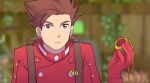 1boy artist_name brown_eyes brown_hair english_text frayed-symphony gloves highres holding holding_jewelry jewelry lloyd_irving male_focus parks_and_recreation parted_lips spiky_hair suspenders tales_of_(series) tales_of_symphonia 