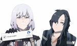  2girls angelia_(girls&#039;_frontline) angry black_hair captcha crying crying_with_eyes_open english_text girls_frontline grey_eyes grey_hair hair_over_one_eye highres i_am_a_surgeon_(meme) long_hair meme multiple_girls parody rpk-16_(girls&#039;_frontline) scar scar_on_chest short_hair tactical_clothes tears the_good_doctor variasii violet_eyes 