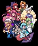  6+girls ;d absurdres ahoge black_background blonde_hair blue_eyes blue_hair blue_skirt blue_vest bow cloak closed_mouth color_wheel_challenge debt disembodied_head drawstring elbow_gloves fox_tail frog_hair_ornament gloves gohei green_eyes green_hair hair_bow hair_ornament hair_ribbon hat hat_ribbon heterochromia highres holding holding_umbrella horns ibaraki_douji_(touhou) ibaraki_kasen karakasa_obake kitsune kochiya_sanae littlecloudie long_hair looking_at_viewer mob_cap multiple_girls multiple_heads multiple_tails one_eye_closed orange_(touhou) orange_hair parted_bangs pink_eyes pink_hair pointy_ears purple_bow rainbow_order red_eyes red_ribbon redhead ribbon rumia sekibanki shirt short_hair simple_background skirt smile snake_hair_ornament stuffed_animal stuffed_cat stuffed_toy tabard tail tatara_kogasa tongue tongue_out touhou touhou_(pc-98) umbrella vest white_gloves white_headwear white_shirt yakumo_ran yakumo_yukari yellow_headwear yorigami_shion 