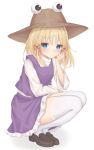  absurdres blonde_hair blue_eyes blush breasts dress gaden19 hair_ornament hair_ribbon hand_on_own_face hat highres looking_at_viewer moriya_suwako parted_bangs ribbon shoes sidelocks simple_background small_breasts solo squatting thigh-highs touhou white_background 